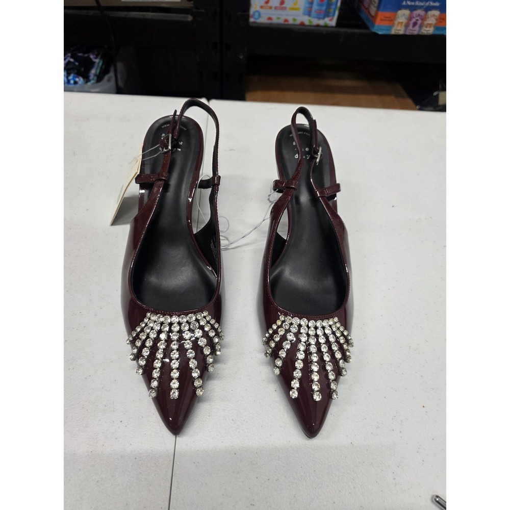 A New Day Womens Burgundy Patent Rhinestone Slingback Kitten Heels Size 10